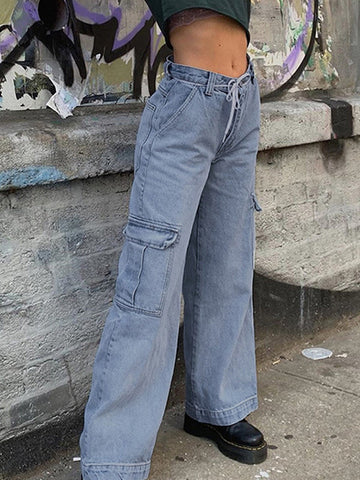 Airchics baggy jeans longue poches ample femme bleu